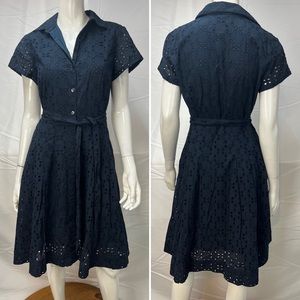 Brooks Brothers Navy Blue Eyelet Lace Belted Pleated Button Midi Shirt Dress 6